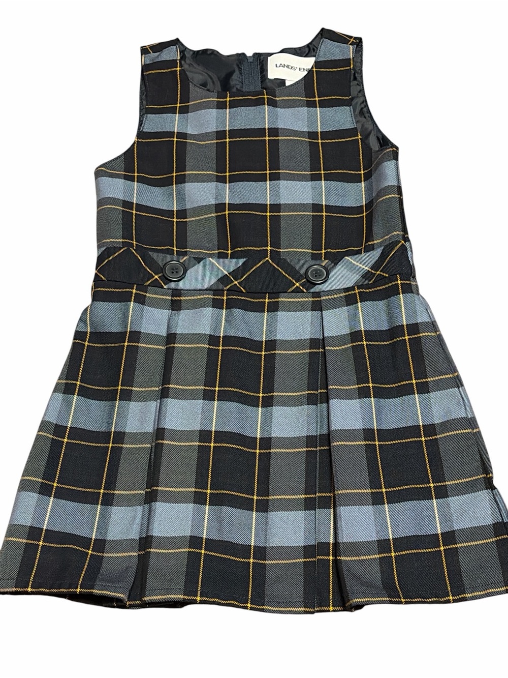 Lands' End Girls Navy Blue , Light Blue & Yellow Plaid Sleeveless Dress